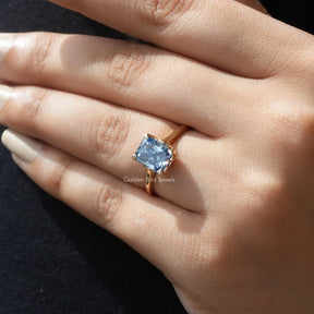 [In Finger front View Of Radiant Moissanite Engagement Ring In Four-Prong Setting]-[Golden Bird Jewels]