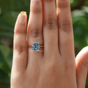 [In Finger front View Of Moissanite Engagement Ring Made Of Radiant Cut Stone]-[Golden Bird Jewels]