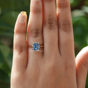 [Blue Radiant Cut Moissanite Engagement Ring In Prong Setting]-[Golden Bird Jewels]