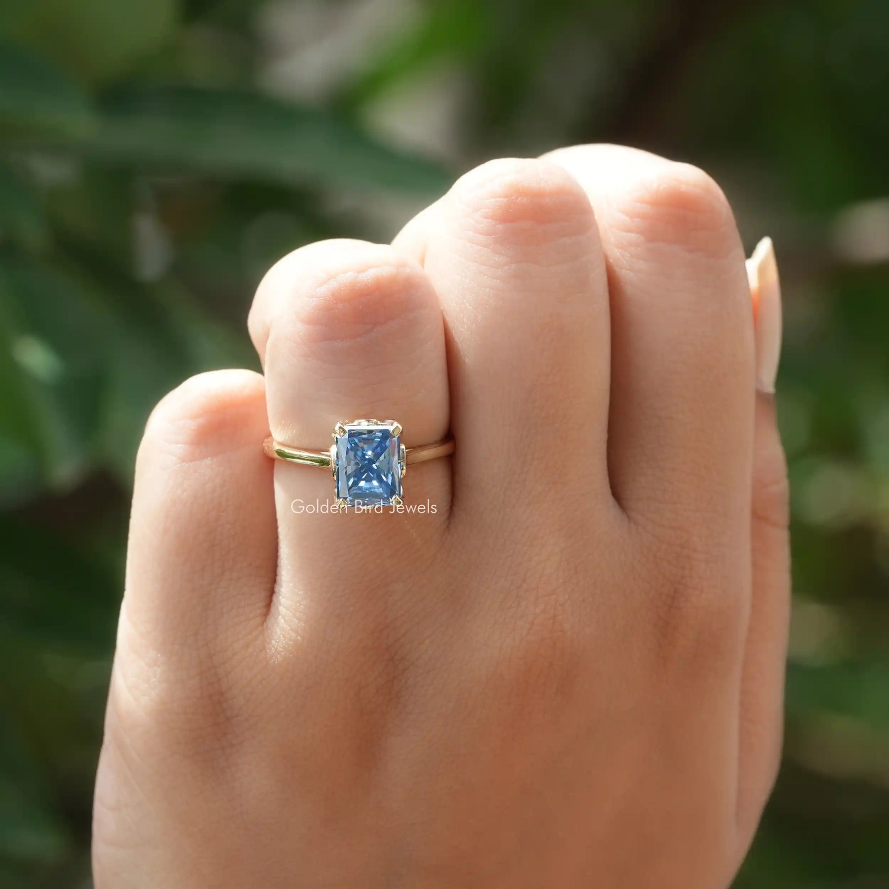 [In Finger front View Of Radiant Moissanite Solitaire Engagement Ring]-[Golden Bird Jewels]