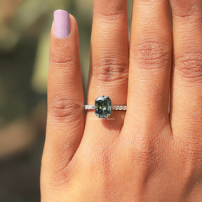 [This ring crafted with green radiant cut moissanite and round cut side stones]-[Golden Bird Jewels]