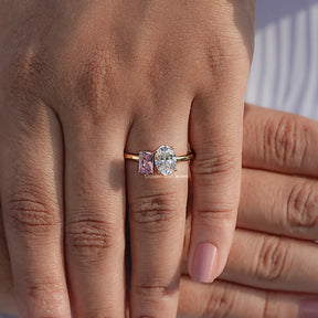 Radiant Gemstone And Oval Diamond Two Stone Ring