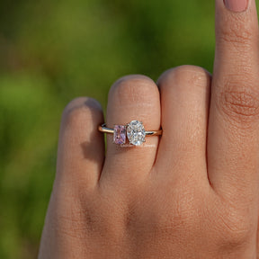 Radiant Gemstone And Oval Diamond Two Stone Ring