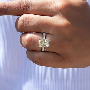 Radiant Cut Moissanite Accent Stone Ring In finger