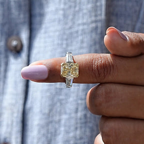 In finger front View of Radiant And Baguette Cut Moissanite Ring In White Gold