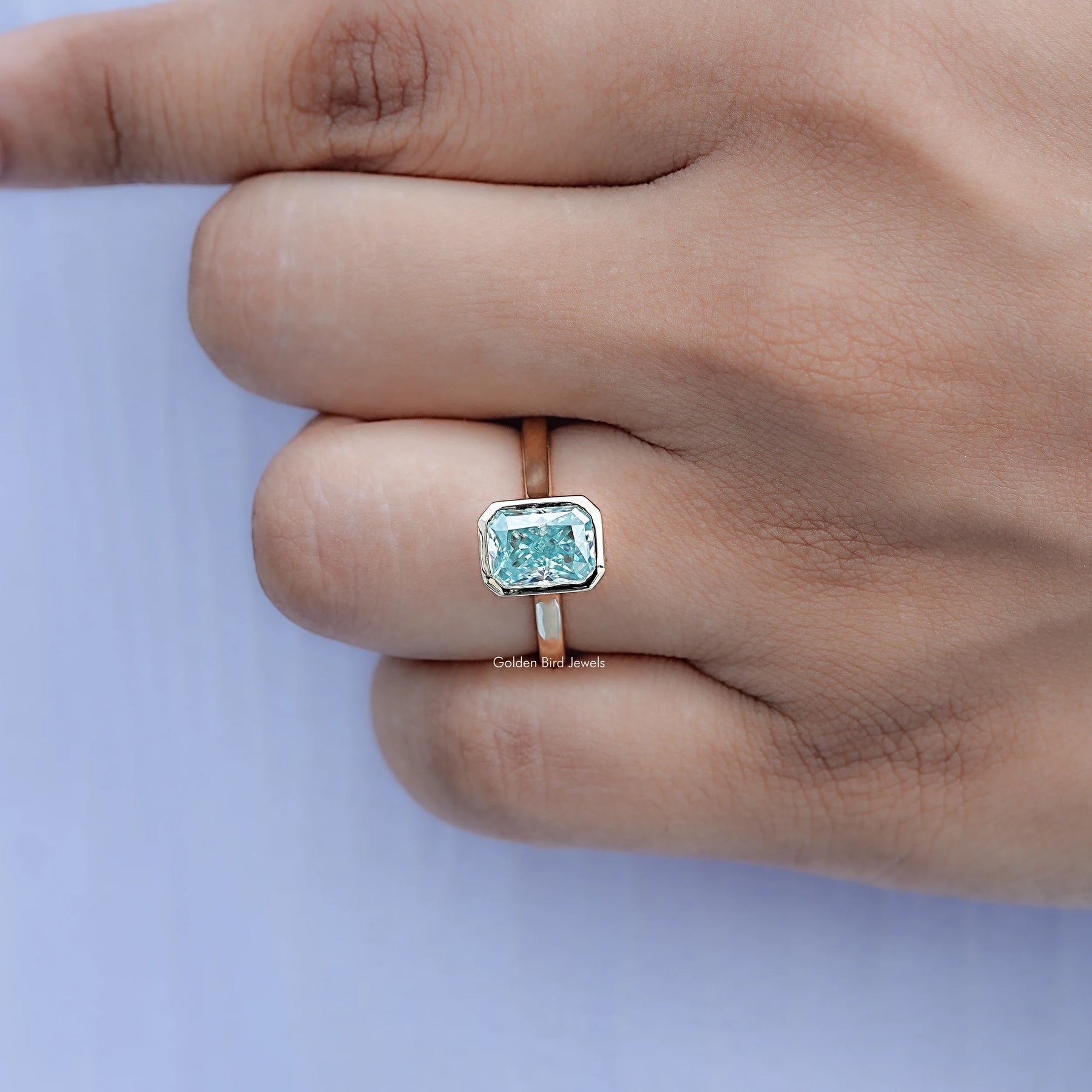 Blue Radiant Moissanite Bezel Set Solitaire Ring