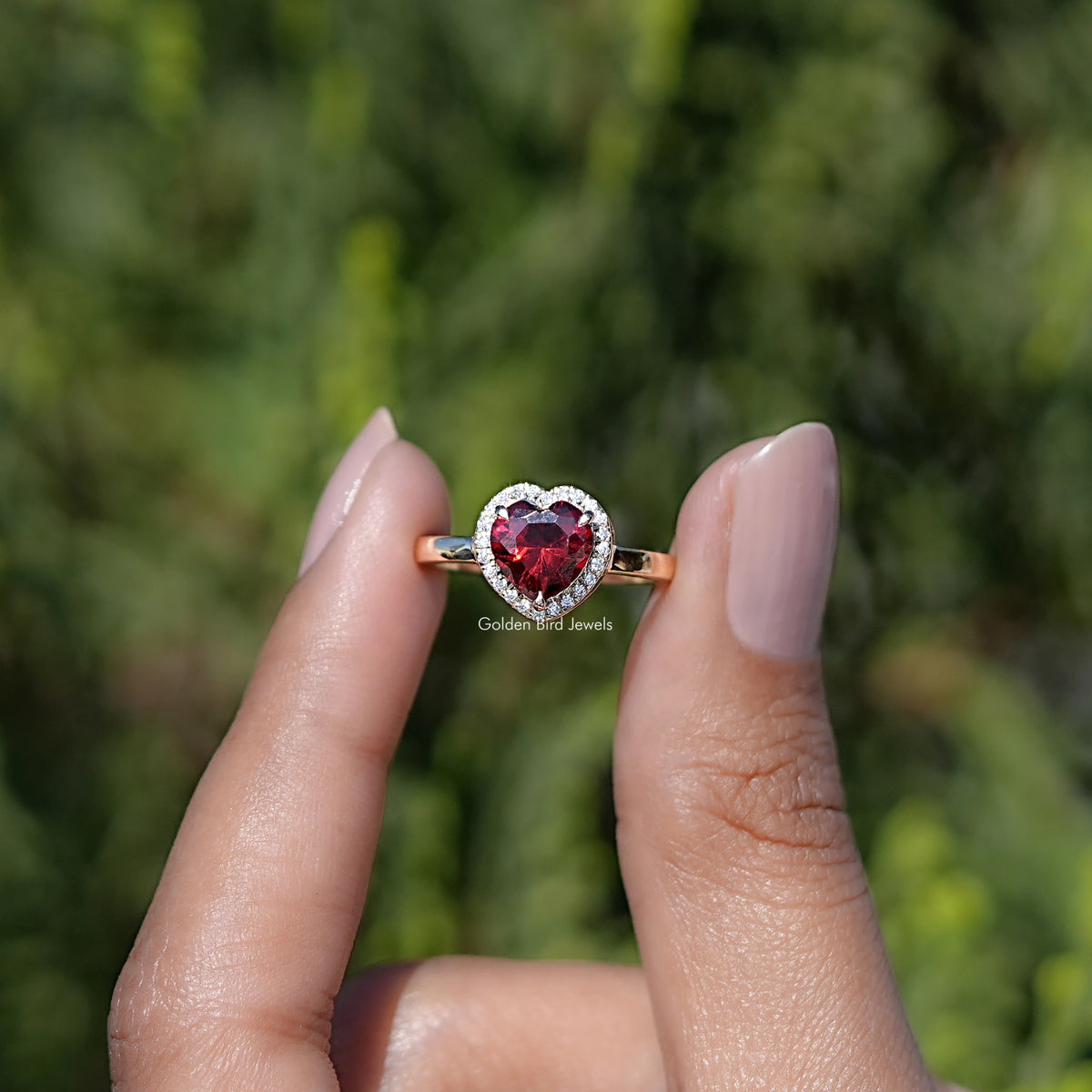 Red Ruby Heart Gemstone Halo Engagement Ring