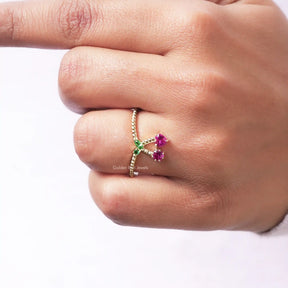 Close-Up View of Heart And Round Cut Red Ruby Ring In White Gold