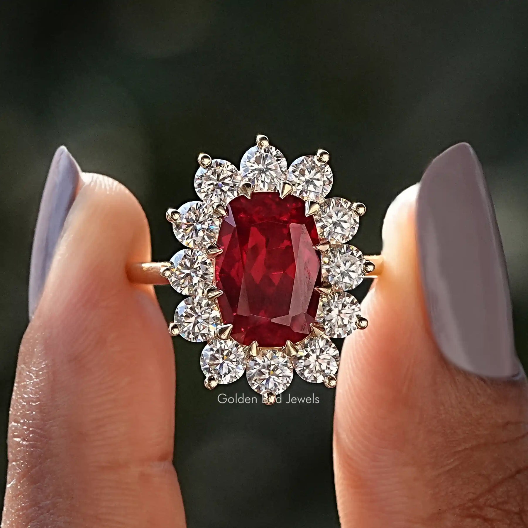 Red Ruby Cushion Halo Ring