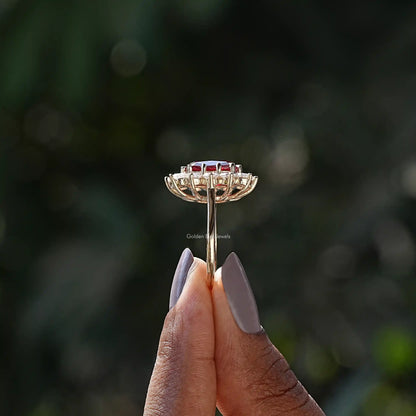Side View of Cushion Cut And Round Cut Halo Ring In two fingers