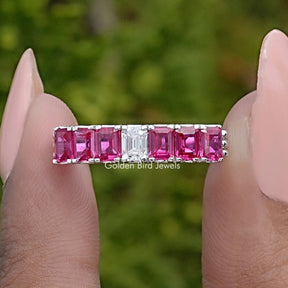 Red Ruby Emerald Shaped Gemstone Seven Stone Band