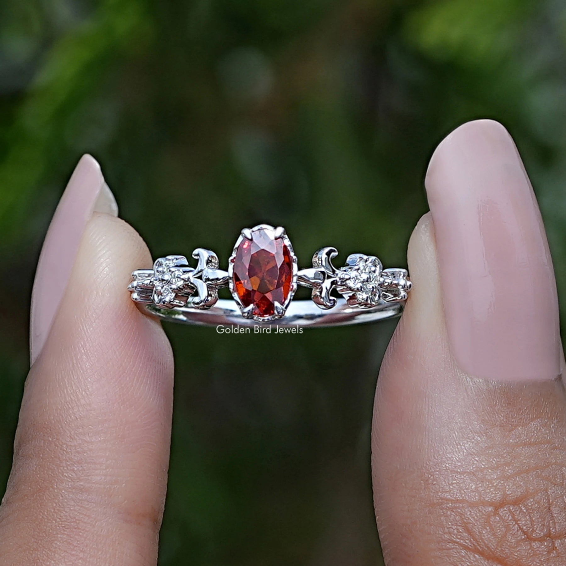 Red Ruby Oval Cut Gemstone Accent Engagement Ring