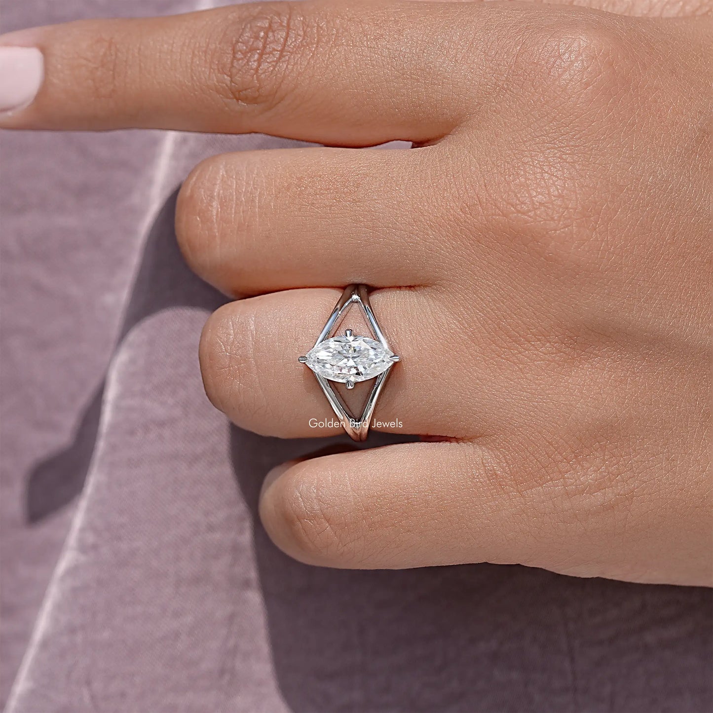 Marquise Cut Moissanite Split Shank Solitaire Ring