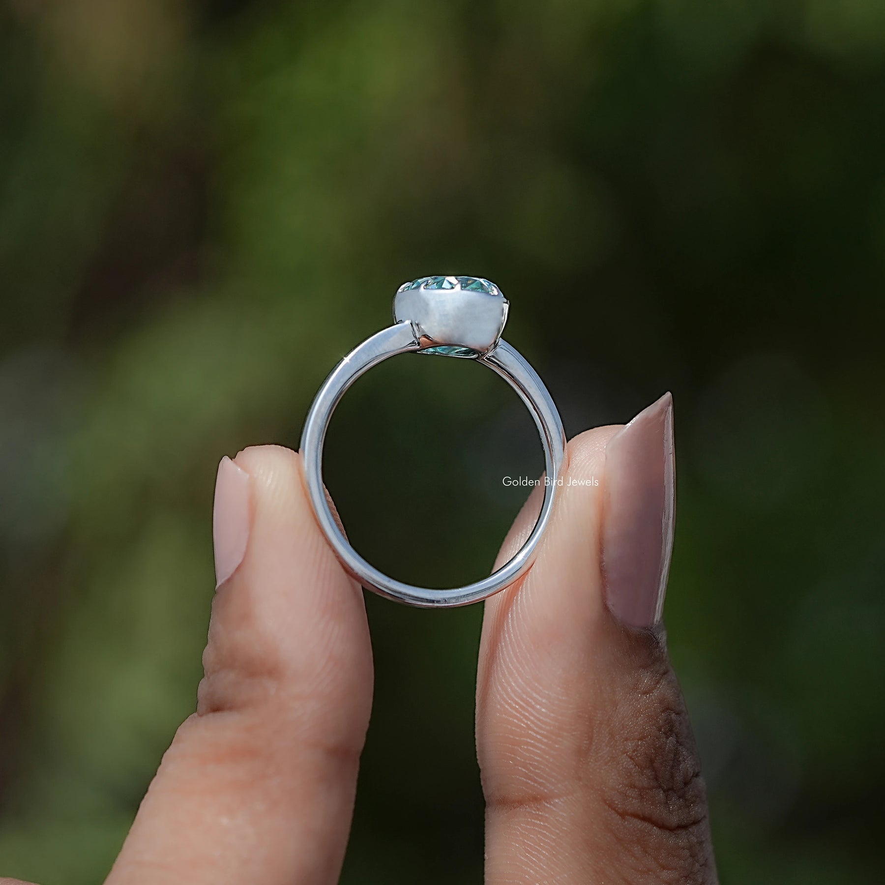 Blue Old Mine Oval Moissanite Solitaire Ring