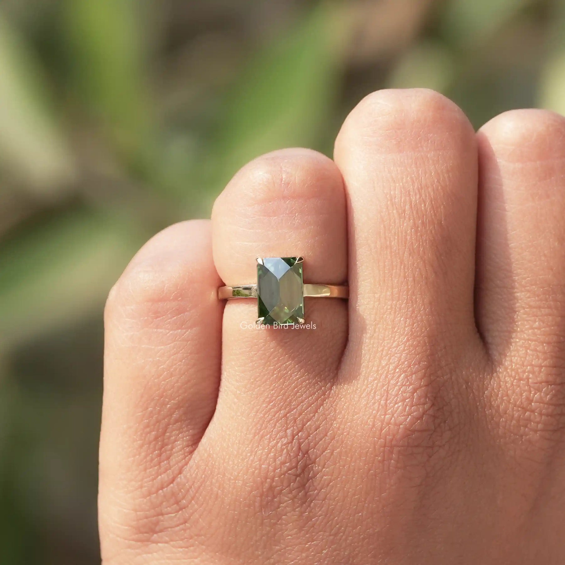 [Rose Cut Emerald Cut Moissanite Engagement Ring]-[Golden Bird Jewels]