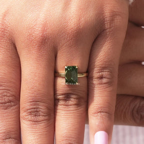 [Solitaire Emerald Cut Moissanite Ring In Yellow Gold]-[Golden Bird Jewels]