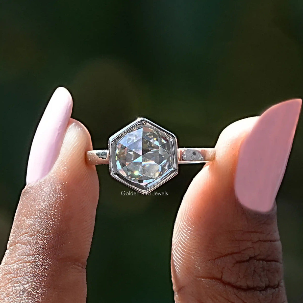 Front View of Rose Cut Hexagon Moissanite Engagement Ring In two Fingers