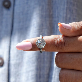 In finger front view of Hexagon Moissanite Solitaire Engagement Ring In white gold