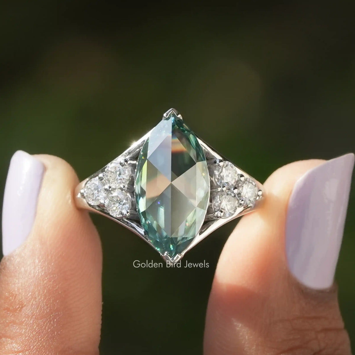 Close-Up View of Rose Cut Marquise Moissanite Engagement Ring