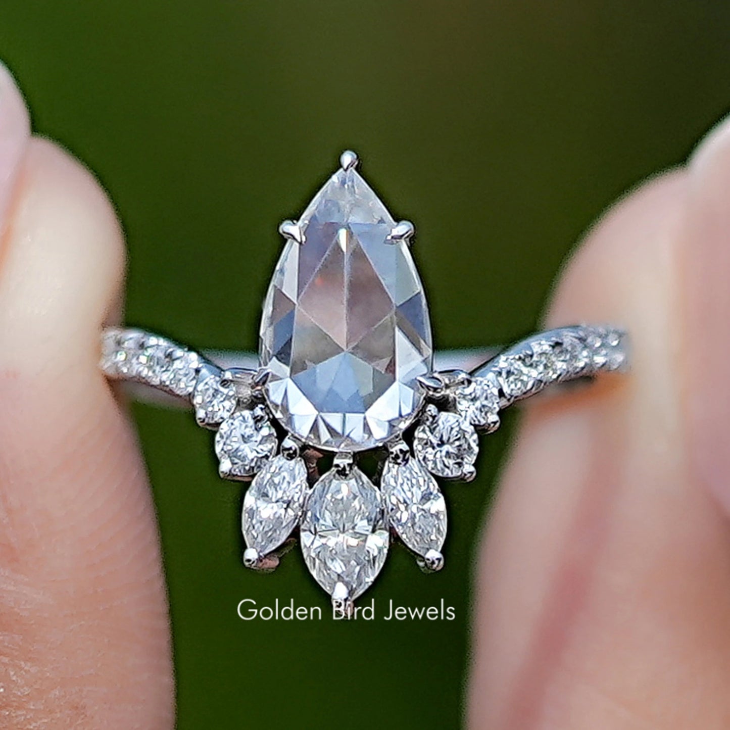 Front view of Rose Cut Pear Moissanite Accent Set Bridal Ring 