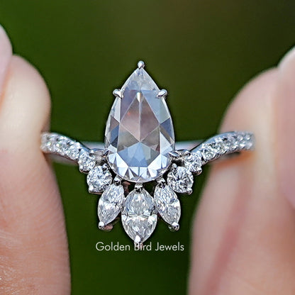 Front view of Rose Cut Pear Moissanite Accent Set Bridal Ring 