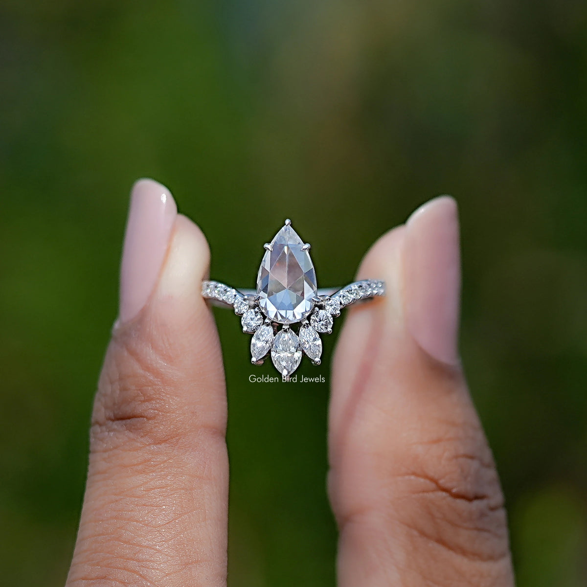 Rose Cut Pear Moissanite Curved Engagement Ring