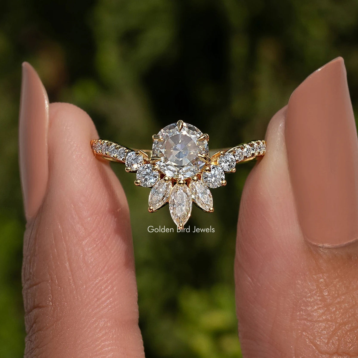 Rose Cut Round Moissanite Curved Engagement Ring