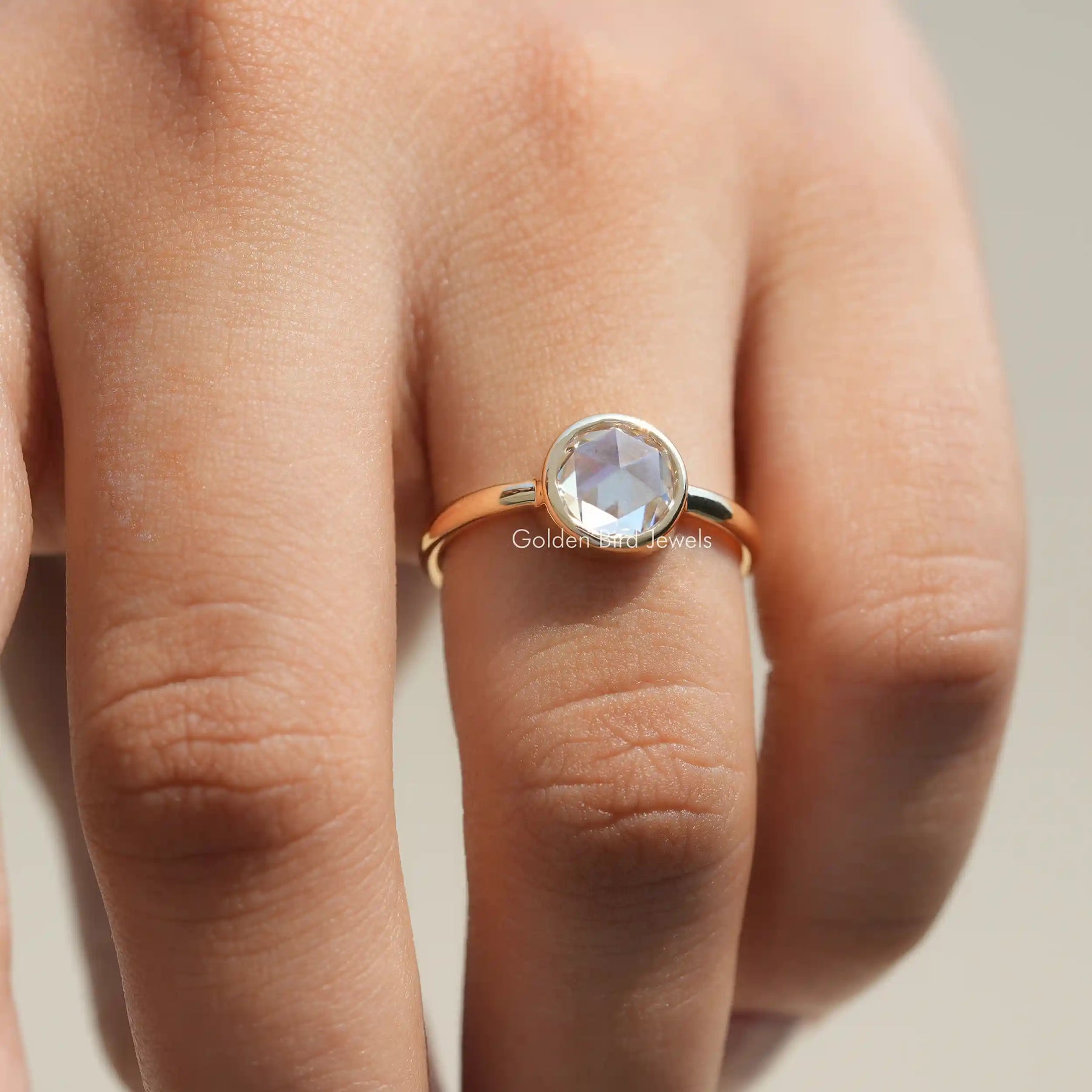 [Rose Cut Round Moissanite Ring Set In Bezel Setting]-[Golden Bird Jewels]