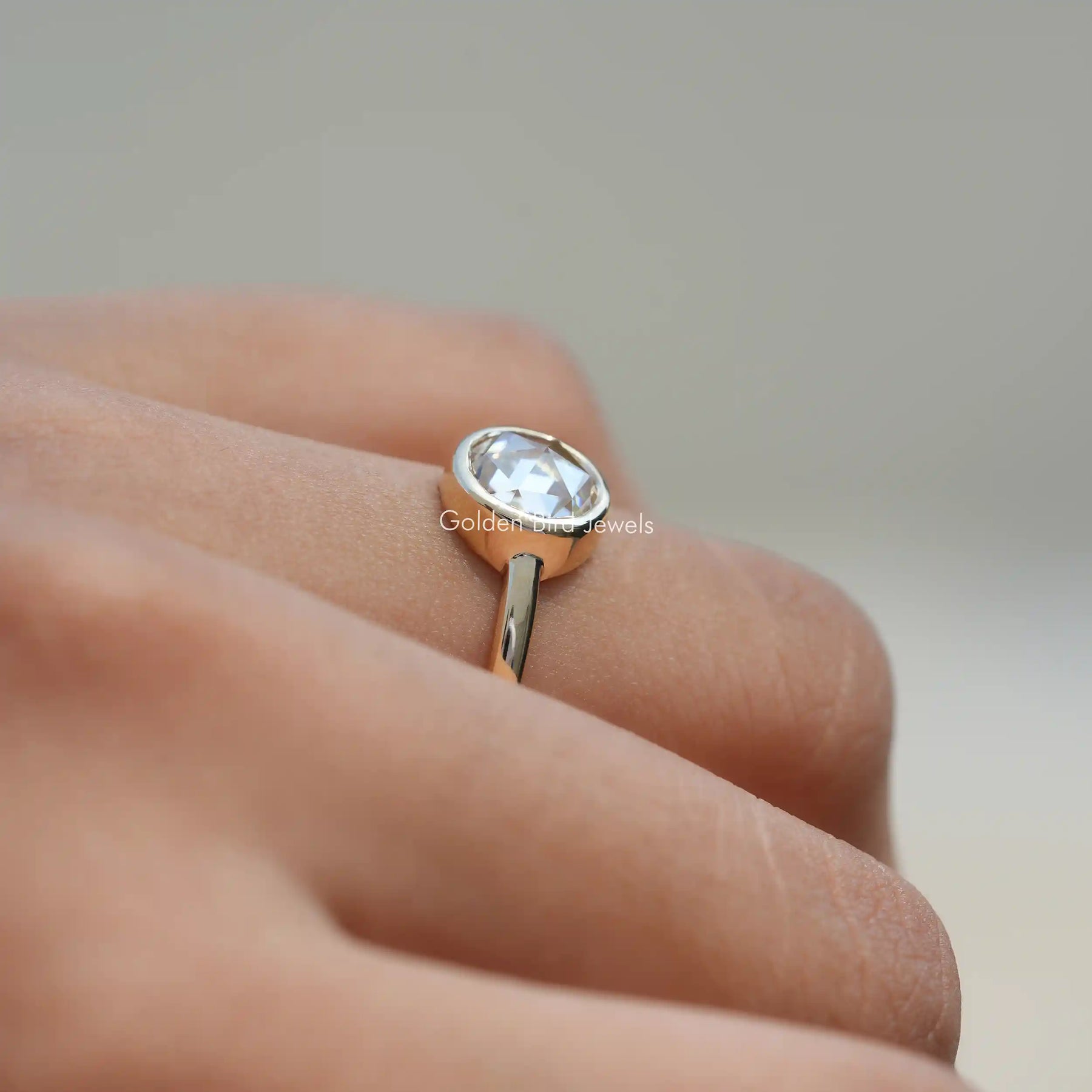 [Solitaire Moissanite Rose Cut Round Ring Set In Bezel Setting]-[Golden Bird Jewels]