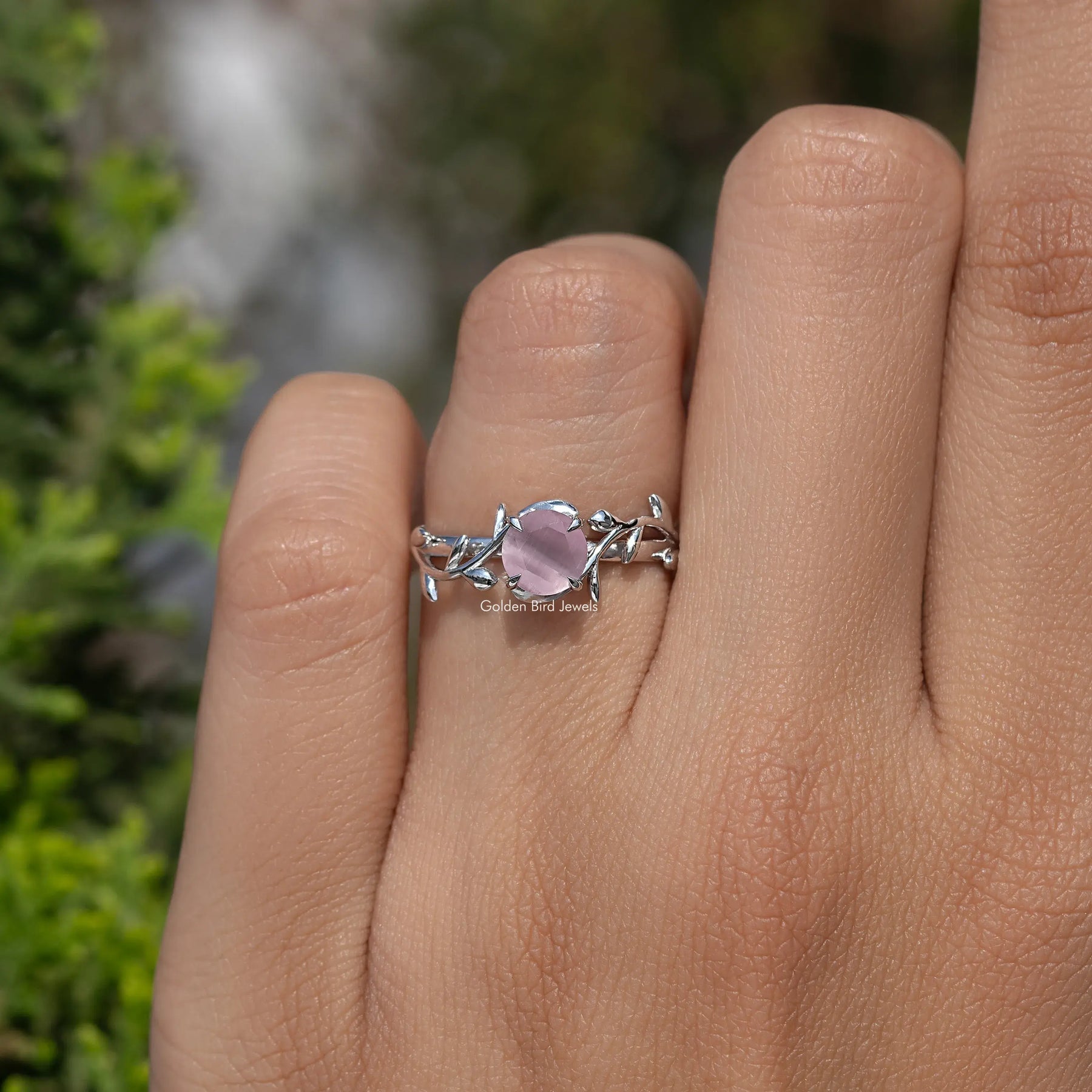 Rose Quartz Round Gemstone Leaf Style Solitaire Ring