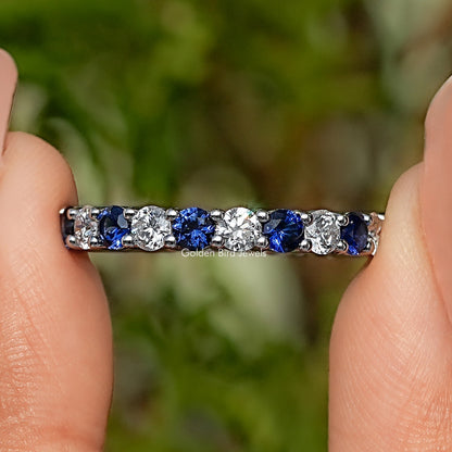 Round Shape Blue Gemstone Eternity Wedding Band