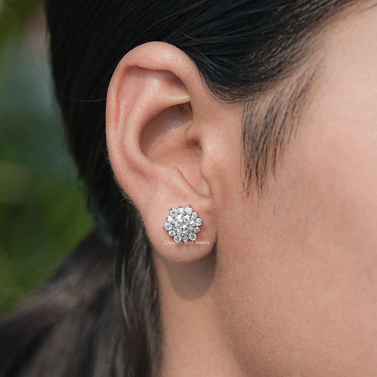 Round Cut Moissanite Halo Stud Earrings