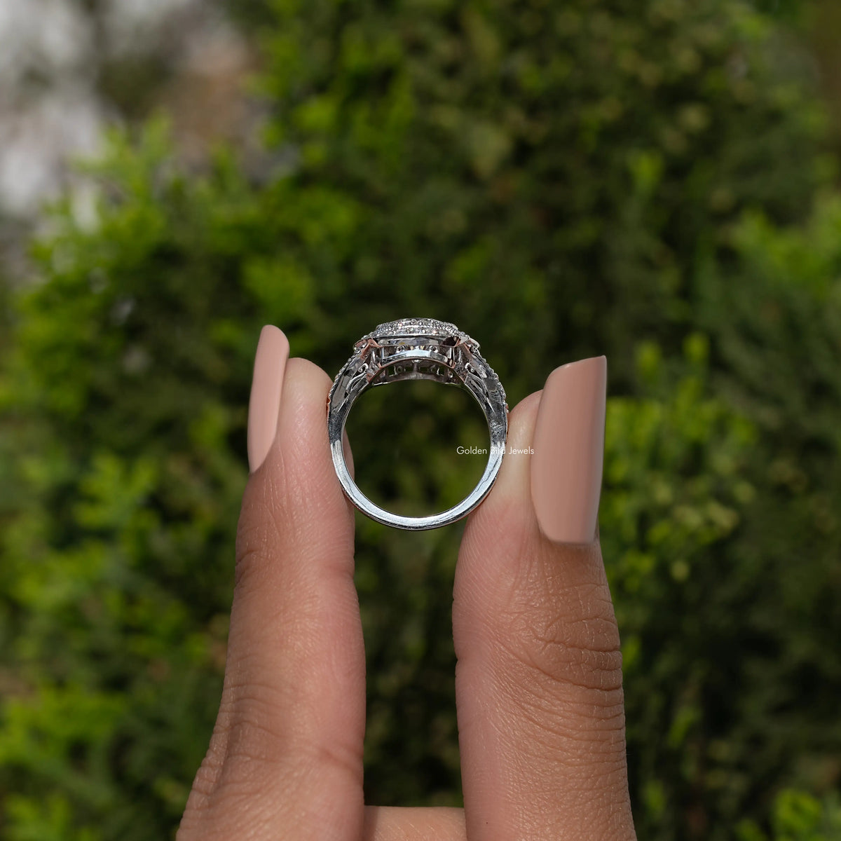 Sterling silver vintage moissanite ring side view with open gallery and prongs