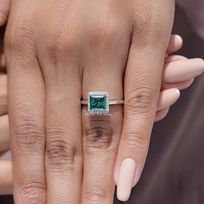 Green Square Moissanite Gemstone Halo Engagement Ring