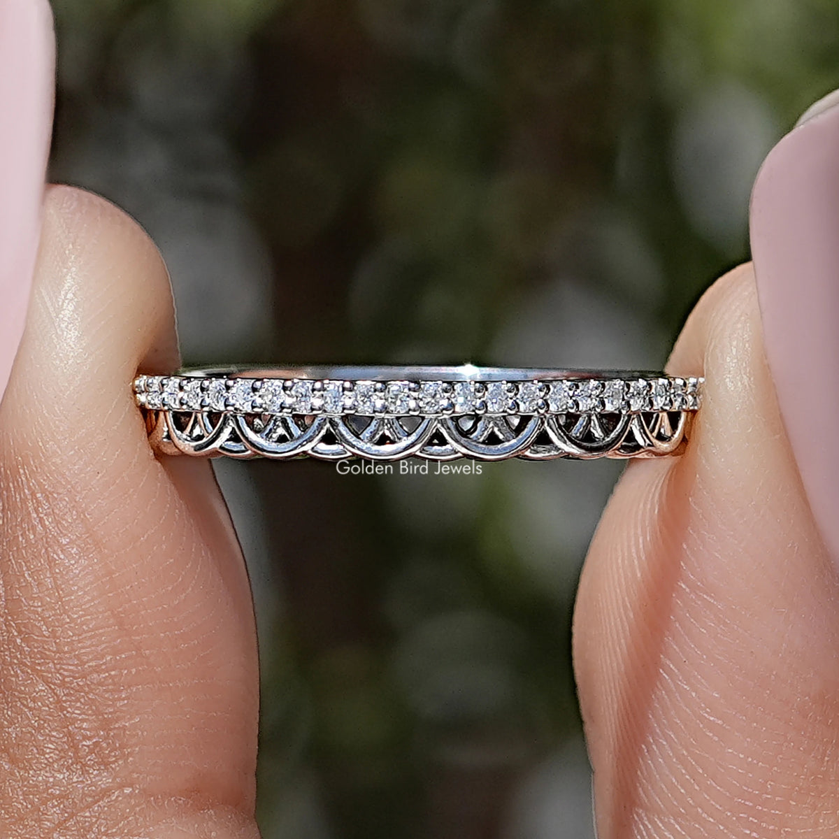 Silver stacking ring with round clear stones and scalloped side details