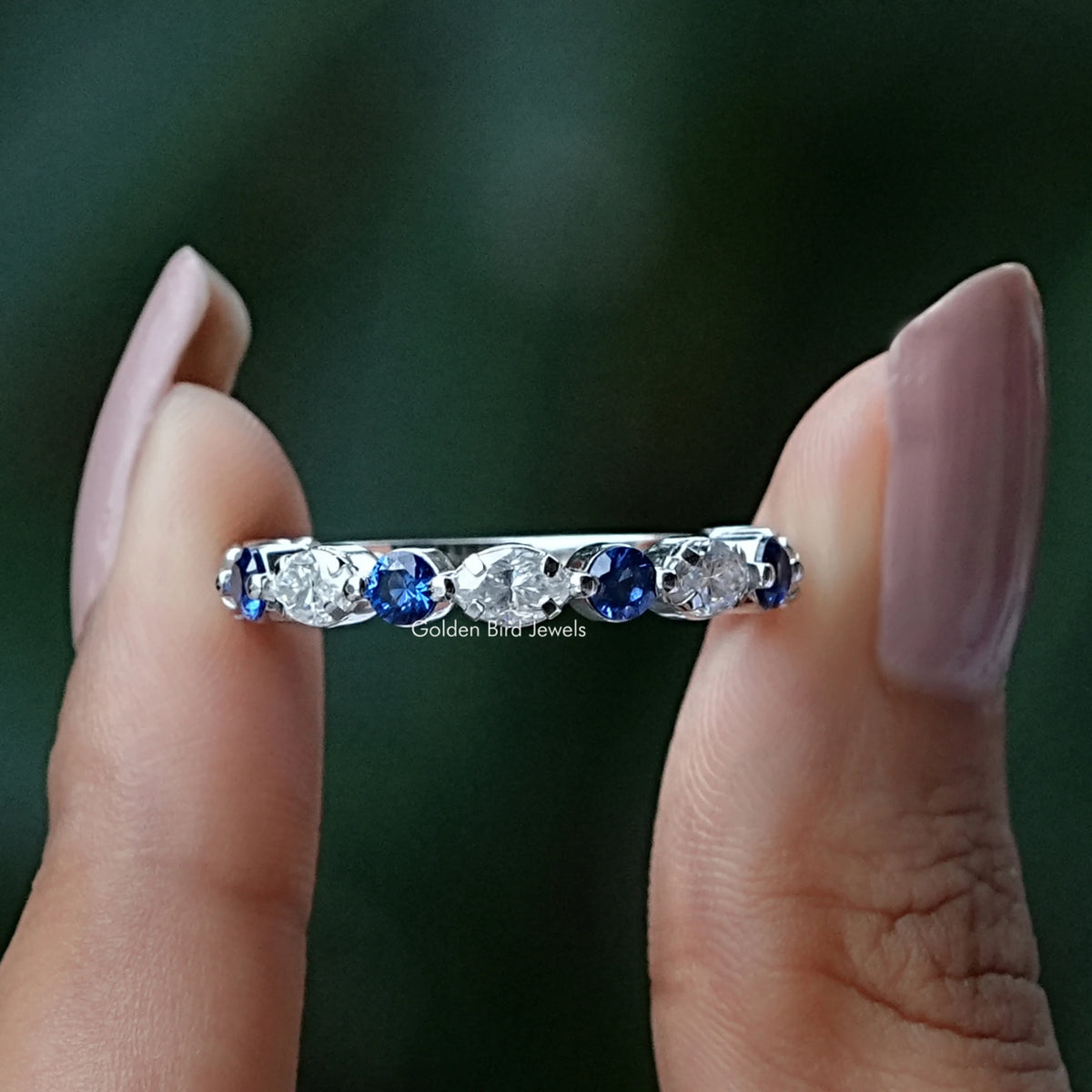 Front View of Marquise And Round Cut Wedding Band In two Fingers