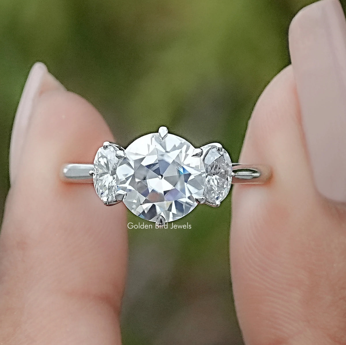 Old European Round And Oval Moissanite Three Stone Ring