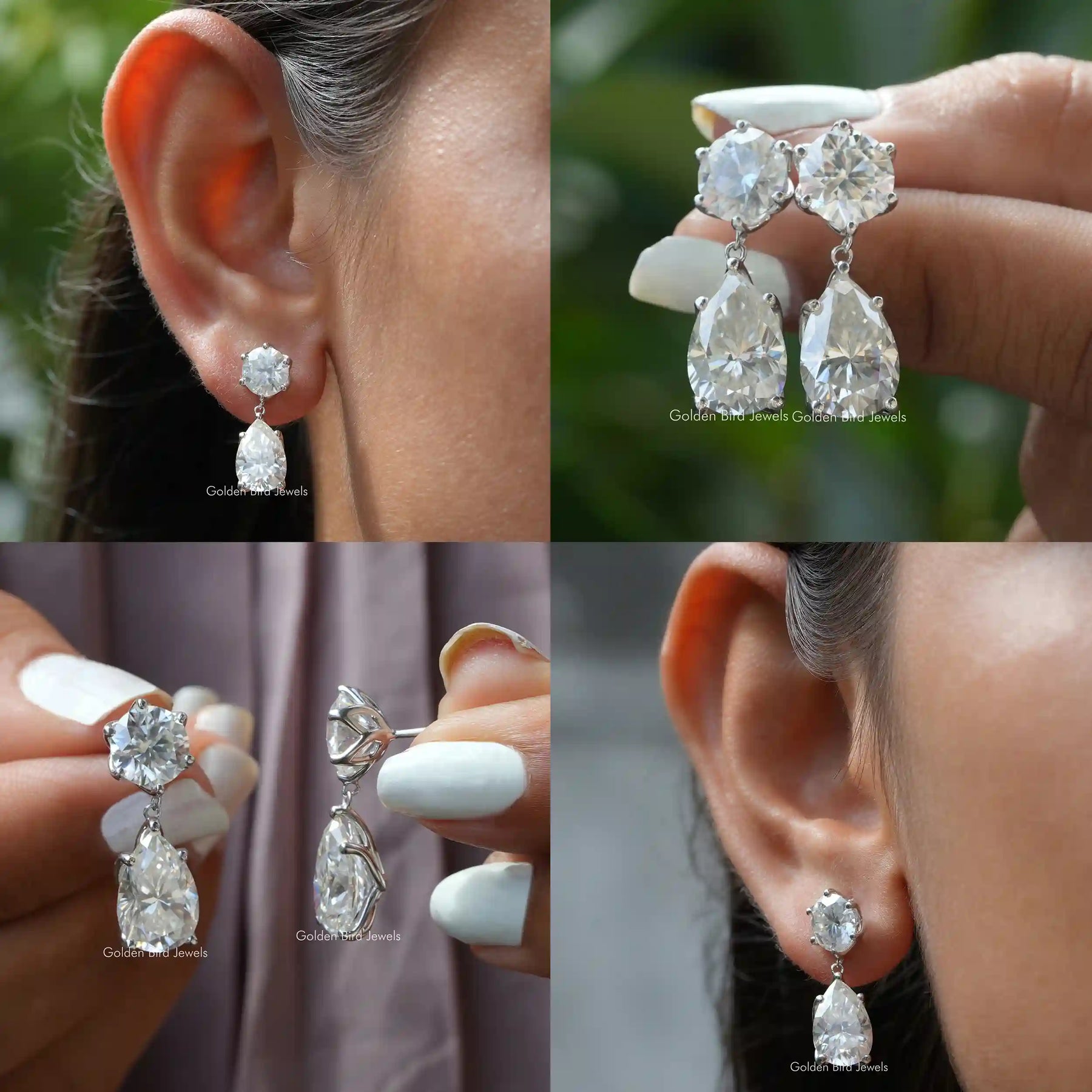 [Collage of moissanite round & pear cut dangle drop earrings]