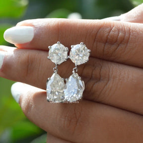 [Front view of 14k white gold round and pear cut moissanite earrings]-[Golden Bird Jewels]