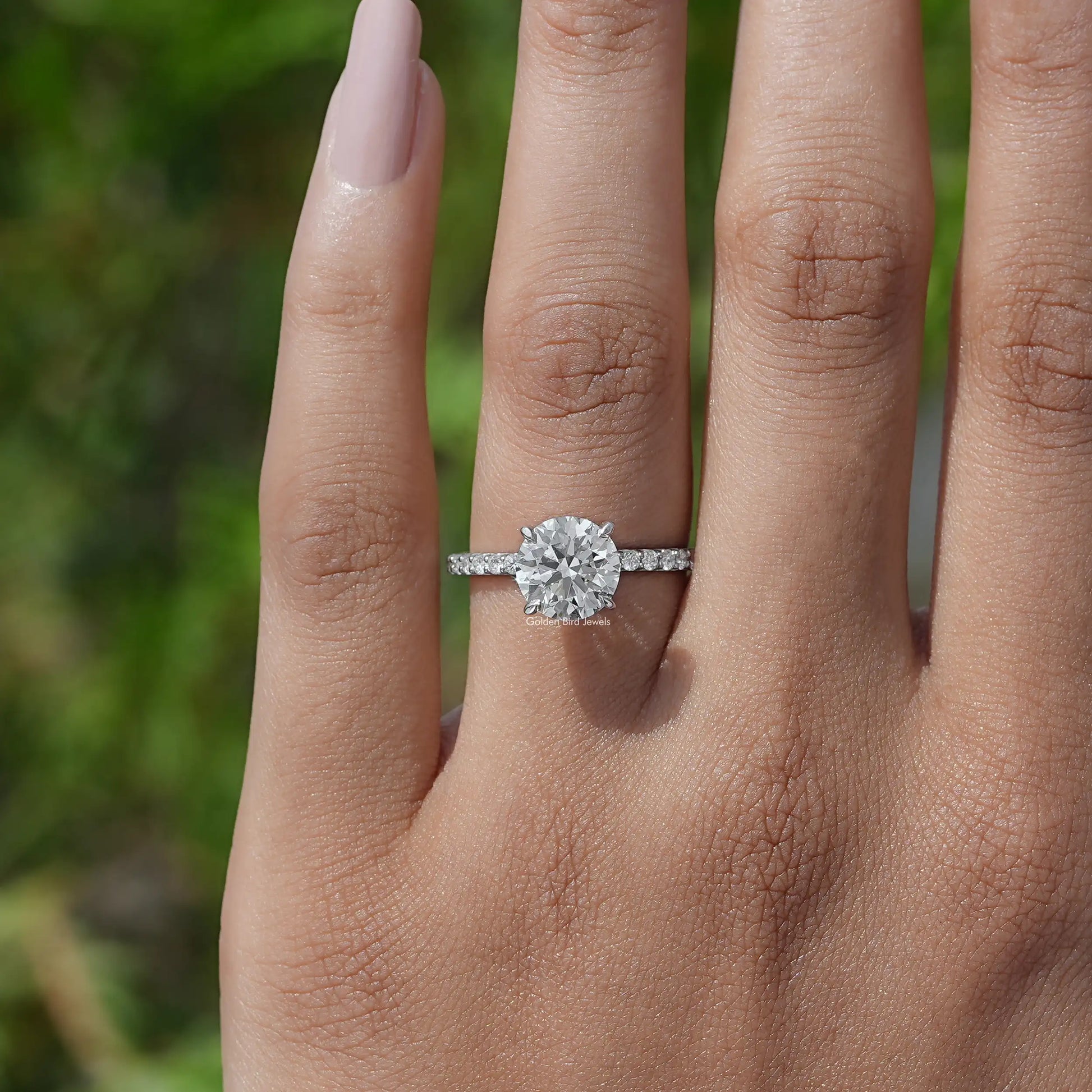 Close-Up View of Round Cut Lab Grown Diamond Ring In White Gold