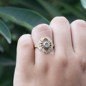 [In hand front view of round cut vintage style ring]-[Golden Bird Jewels]