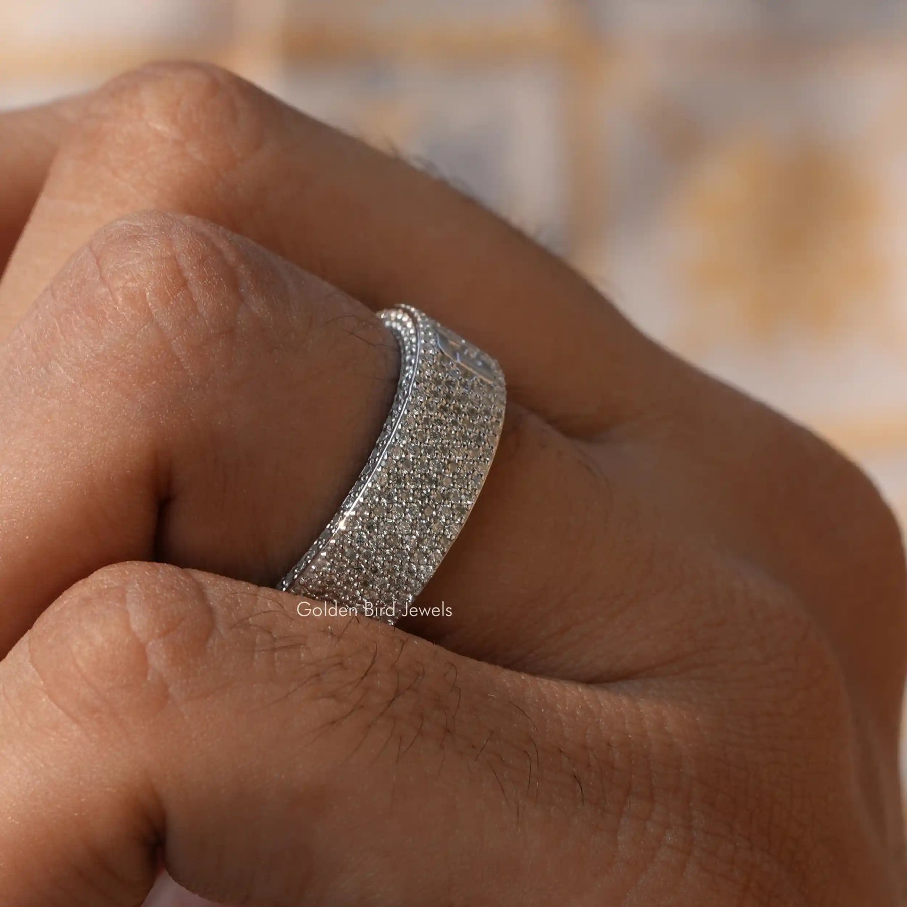 [In finger side view of round cut eternity wedding band]-[Golden Bird Jewels]