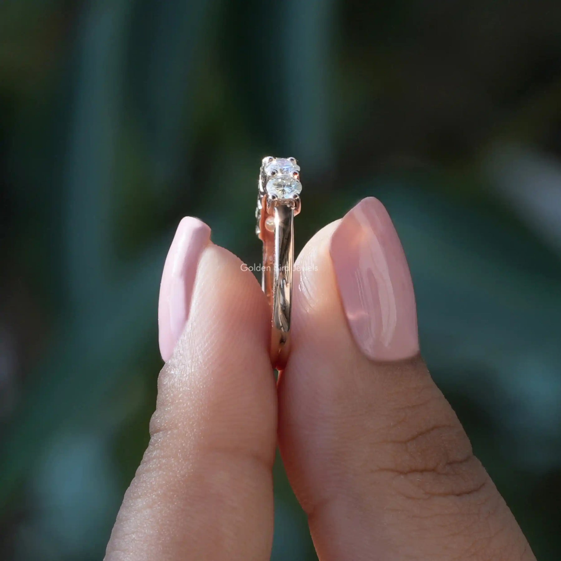 [Side view of moissanite round cut diamond eternity wedding band]-[Golden Bird Jewels]