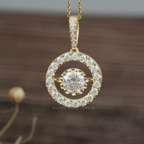 [Front view of round cut moissanite pendant in 14k yellow gold]-[Golden Bird Jewels]