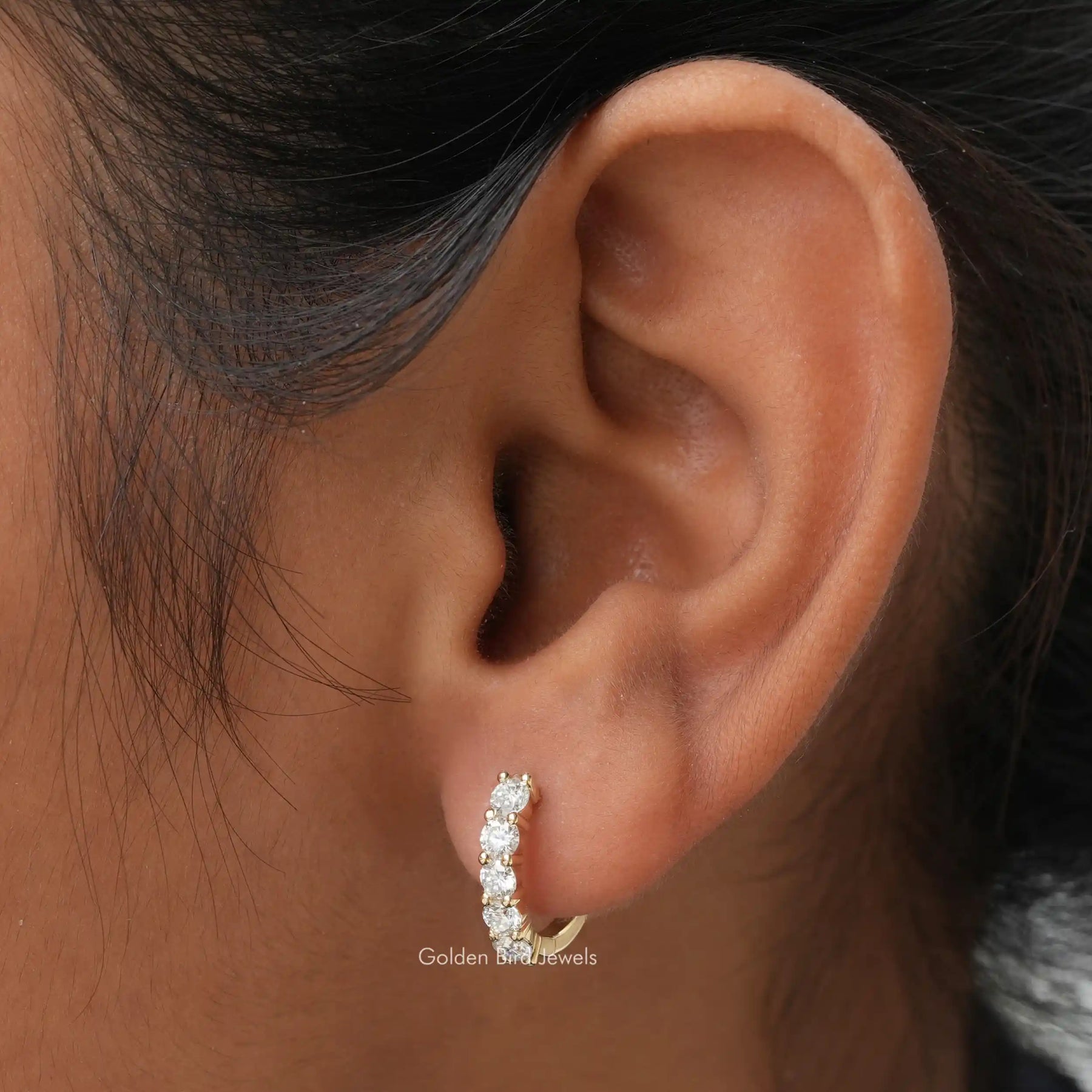 [In ear front view of round cut moissanite hoops earrings]-[Golden Bird Jewels]