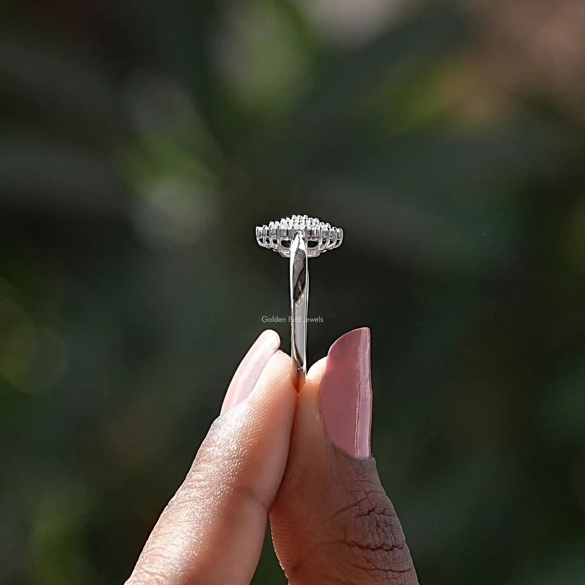 Side view of two-finger white gold ring with round lab-grown diamonds.