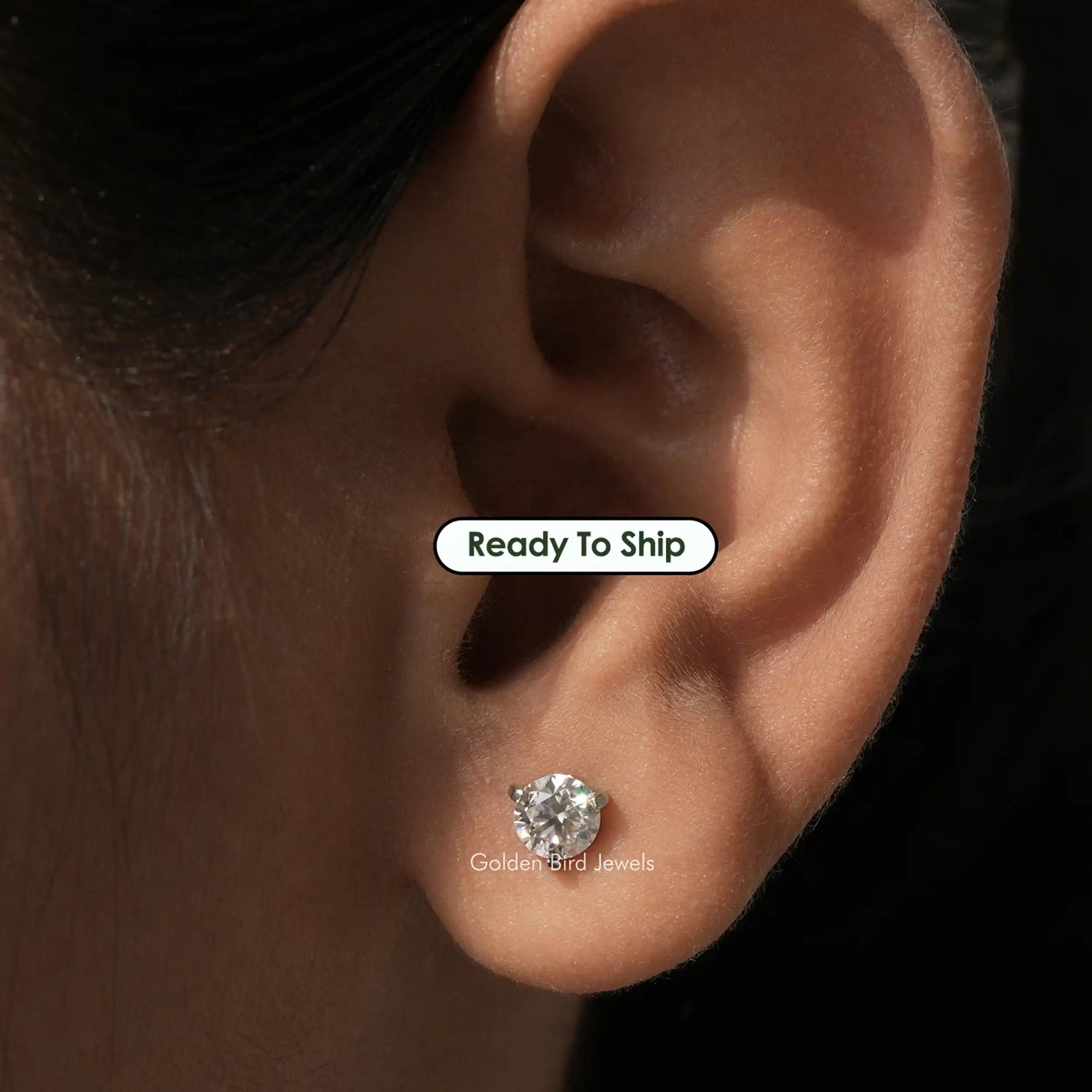 [In ear front view of round cut martini setting earrings]-[Golden Bird Jewels]