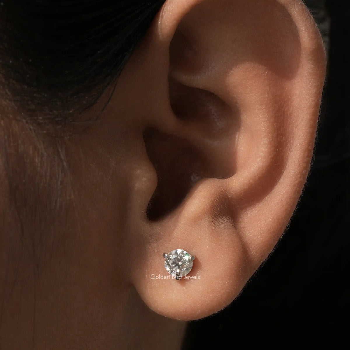In Ear view of round Cut moissanite Stud Earrings