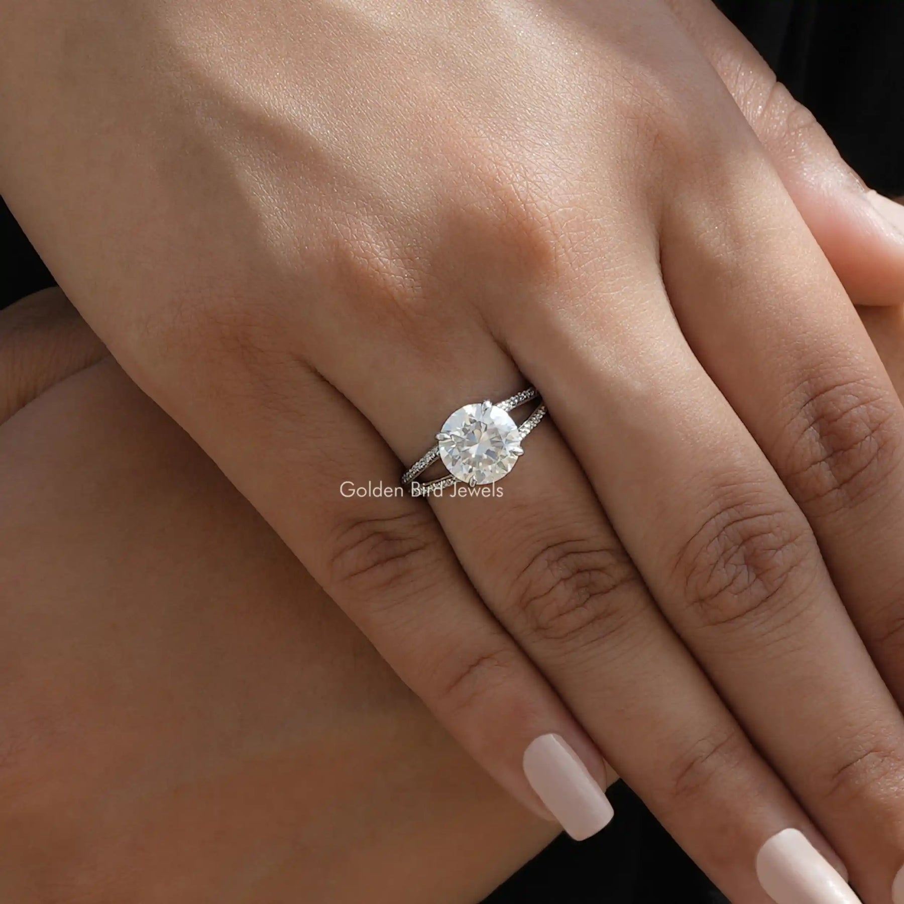 [This moissanite round cut ring crafted with split shank setting]-[Golden Bird Jewels]