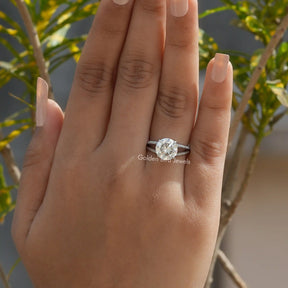 [In finger front view of round cut moissanite engagement ring made of side round cut stones]-[Golden Bird Jewels]
